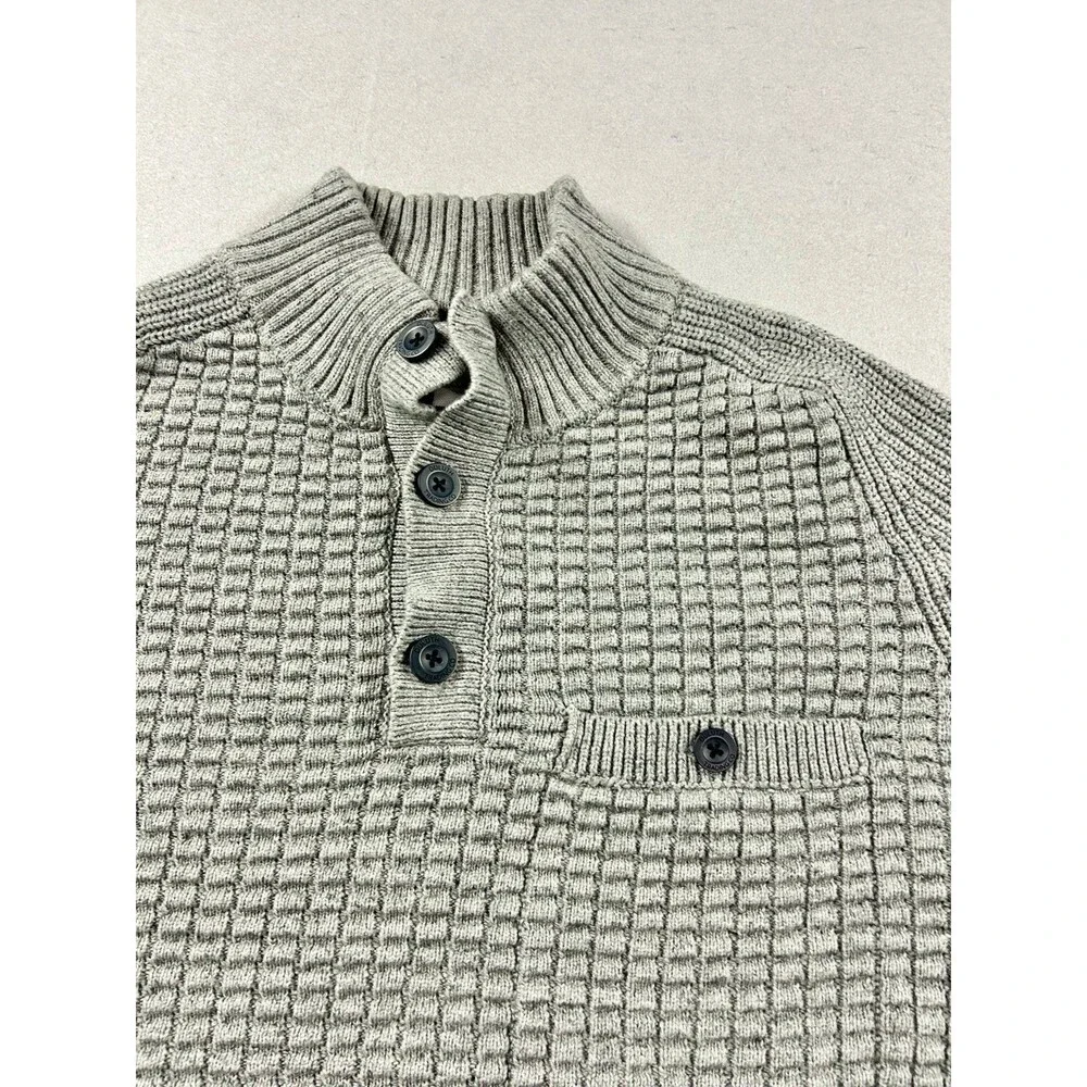 Duluth Burly Retirement Button Mock Sweater Men's Gray Pullover Heavy Waffle